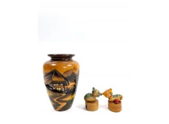 Hand Carved & Painted Wooden Vase & Vintage Kitten Pencil Sharpeners