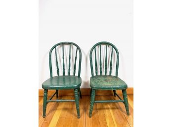 Pair Of Antique Green Children's Chairs