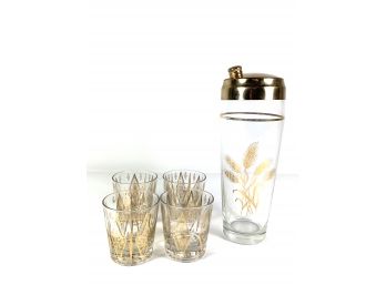 Gold Leaf Mid-Century Cocktail Shaker & Glasses