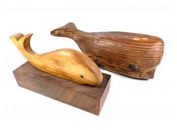 Lot Of 2 Wooden Whale Sculptures