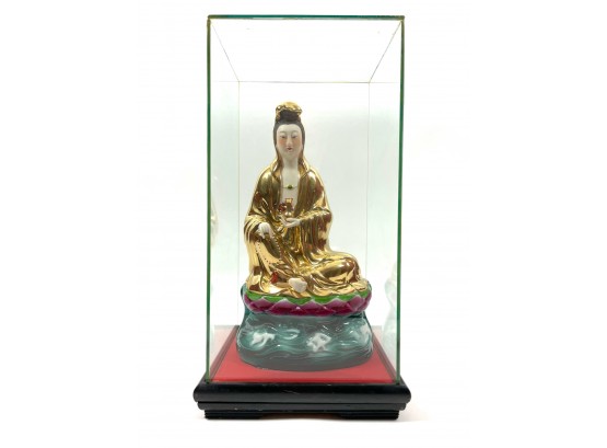Hand-painted Chinese Porcelain Sculpture In Glass Case