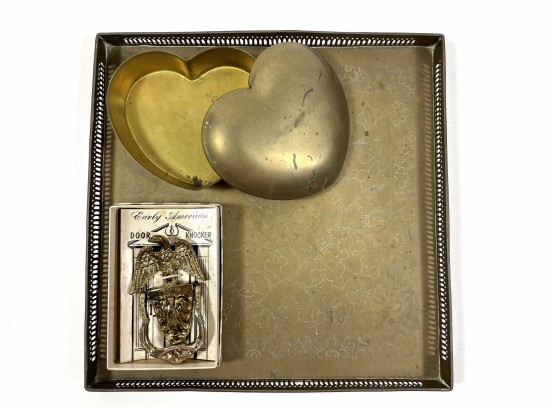 Antique Brass Lot - Etched Tray, Heart Shaped Trinket Container, Door Knocker