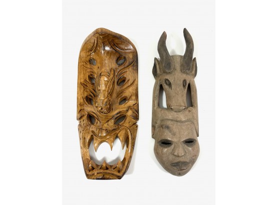 Pair Of Carved Wooden Tribal Masks - Age Unknown
