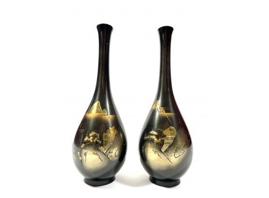 Chinese/japanese Etched Copper Bud Vases