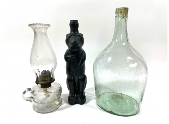 Antique Oil Lamp, Figural Liquor Bottle, Antique Green Glass Bottle