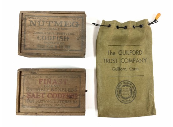 Pair Of Antique Codfish Crates & 'guilford Trust Company' Coin Bag