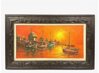 1947 Original 'Mary Botto' Oil On Canvas Sunset Harbor Scene Painting