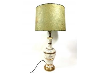 1950s Mid-century Ceramic Gold Leaf Lamp & Fiberglass Drum Shade