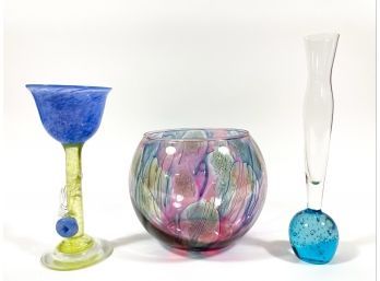 Vintage Hand-Signed Art Glass Sculpture, Art Glass Bowl & Bud Vase