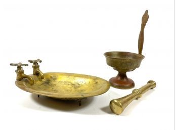 Antique Brass Soap/trinket Dish, Antique Brass Handled Cup, Solid Brass Pestle