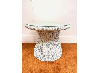 Vintage Round Wicker Side Table With Glass Top