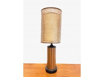 Mid-century Walnut Table Lamp - Fiberglass & Caned Lamp Shade