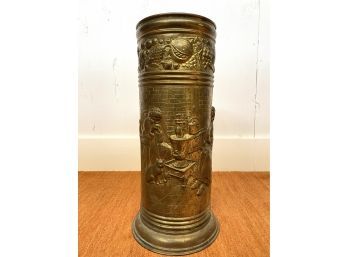 Antique Brass Umbrella Stand With Imagery