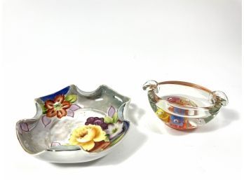 Vintage Floral Art Glass Ashtray & Japanese Porcelain Noritake Ashtray