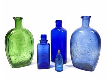Lot Of Antique Green & Blue Glass Bottles