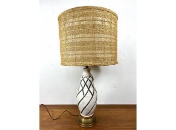 1950s Ceramic Pottery Lamp On Brass Base & Grass Cloth Lamp Shade (B)