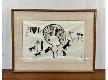 1970 Authentic Inuit Original Silkscreen (Stone Cut) Titled 'spring Camp' Hand-signed And Numbered