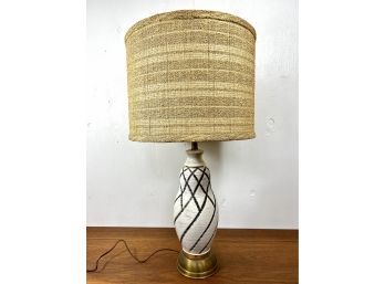 1950s Ceramic Pottery Lamp On Brass Base & Grass Cloth Lamp Shade (A)