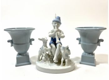 (2) Glazed Urns & German Porcelain Figurine