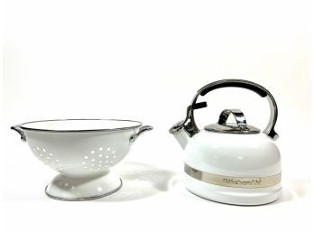 White Enameled KitchenAid Tea Kettle & Strainer