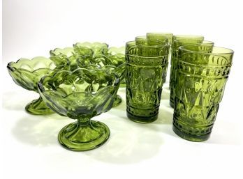 (12) Pieces Of Green Glassware