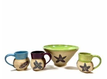 Stoneware Pottery Bowl & (3) Mugs