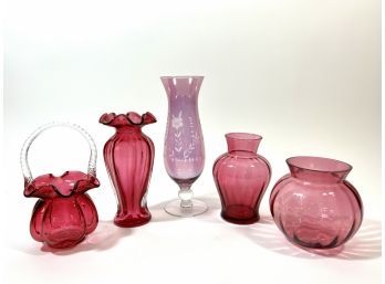 (5) Antique Cranberry Art Glass Pieces