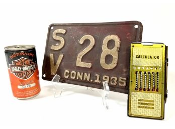 1935 Conn License Plate, Harley Davidson Beer Can & Mechanical Calculator