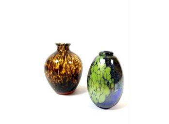 Signed 1980 Maytum Studios Art Glass Vase & Tortoise Glass Vase