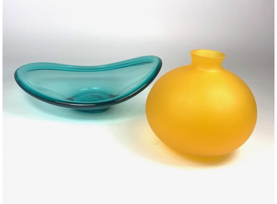 Blown Glass Dish & Satin Glass Vase