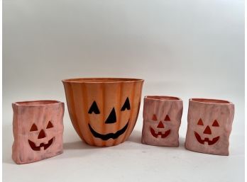 (3) Halloween Ceramic Luminaries & (1) Halloween Planter