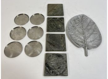 (6) Danish Stainless Coasters (4) Stone Coasters (1) Aluminum Tray