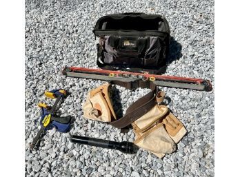Stanley Tool Bag, Level, Tool Belt, Mag-Lite Flashlight & Irwin Clamp