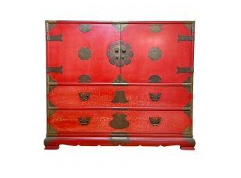 (1) Vintage Tansu Chest Of Drawers In Red