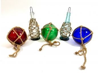 (3) Hand Blown Glass Fishing Floats & (2) Nautical Candle Holder Bottles