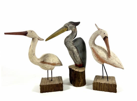 (3) Hand-carved Wooden Crane Sculptures