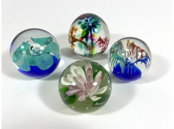 (4) Handblown Floral Art Glass Paperweights