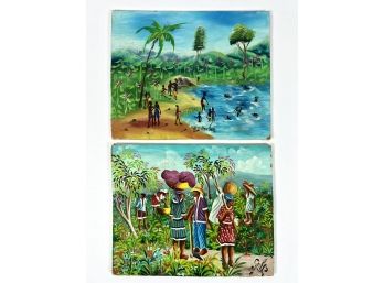 (2) Vintage Signed Oil On Board Haitian Paintings