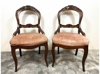 (2) Walnut Carved Victorian Upholstered Side Chairs