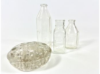 Antique Glass Pyrex Bottles & Flower Frog