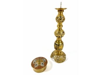 Solid Brass Candlestick & Trinket Box