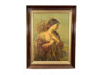 19th C. Framed Print Of Woman Carrying Grain