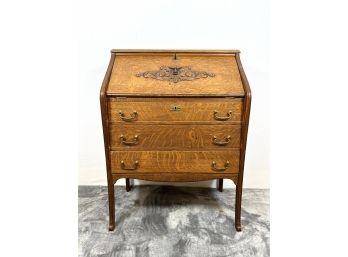 Solid Oak Secretary Desk - North Wind Carved Motif