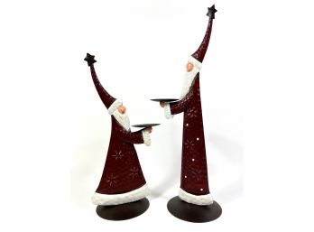 (2) Decorative Metal Santa Claus Candle Holders