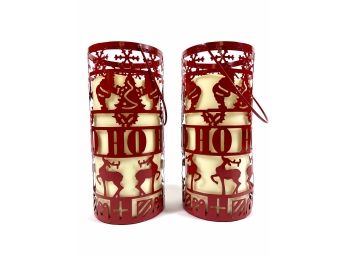 Pair Of Red Metal Holiday Lanterns