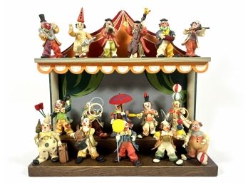 Set Of Italian Hand-made & Painted Circus Clowns & Stage By Anri Toriart