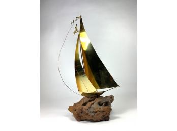 Awesome Mid-Century DeMott Signed Brass Sailboat On Burl Wood