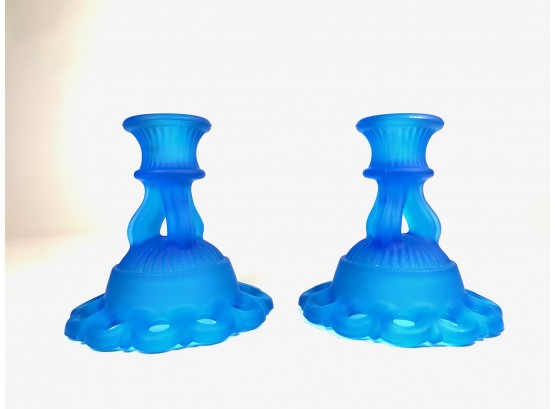 Pair Of Blue Glass Candle Holders