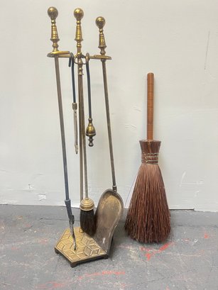Brass Fireplace Tool Set  In Stand  With A  Flue Broom