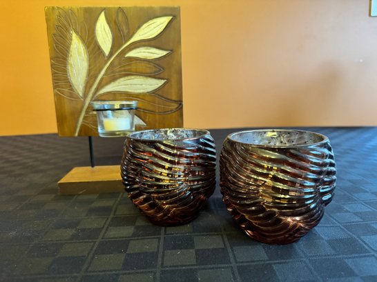 2 Brown Glass Votive Candle Holders & Tabletop Wood Votive With Silver Leaves